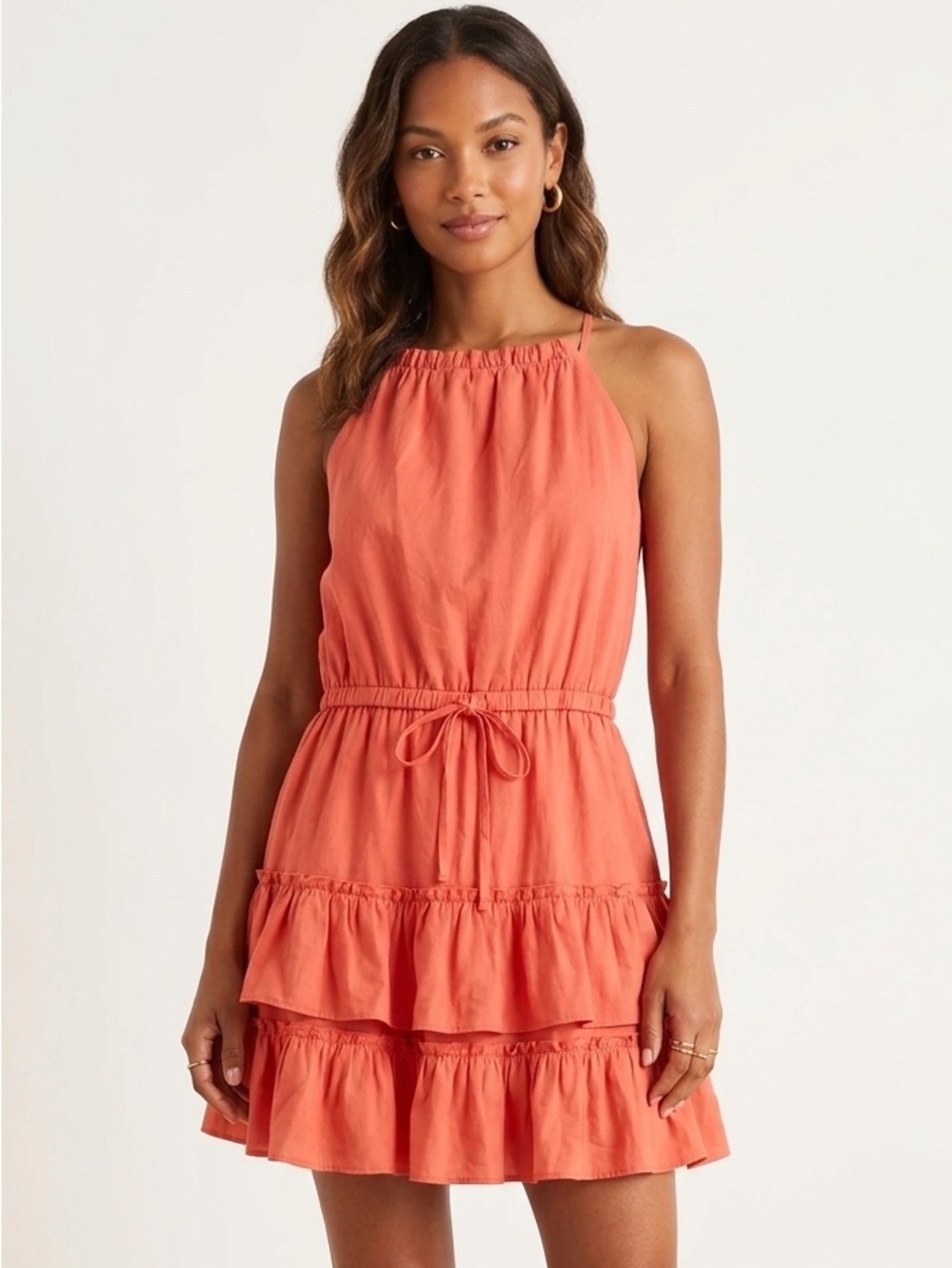 Bar III Coral Tiered Ruffle Halter Sundress Size L